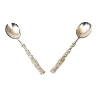 Vintage Signed Silea Silver Plate Tasseled Salad Servers or Serving Pieces For Sale