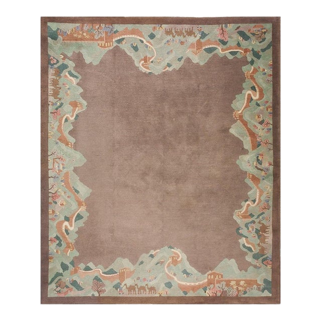 1920s Taupe Solid Field Undulating Landscape Antique Chinese Art Deco Carpet Rug For Sale