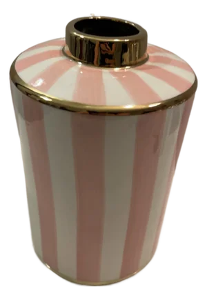Pink & White Striped Vase with Gold Trim