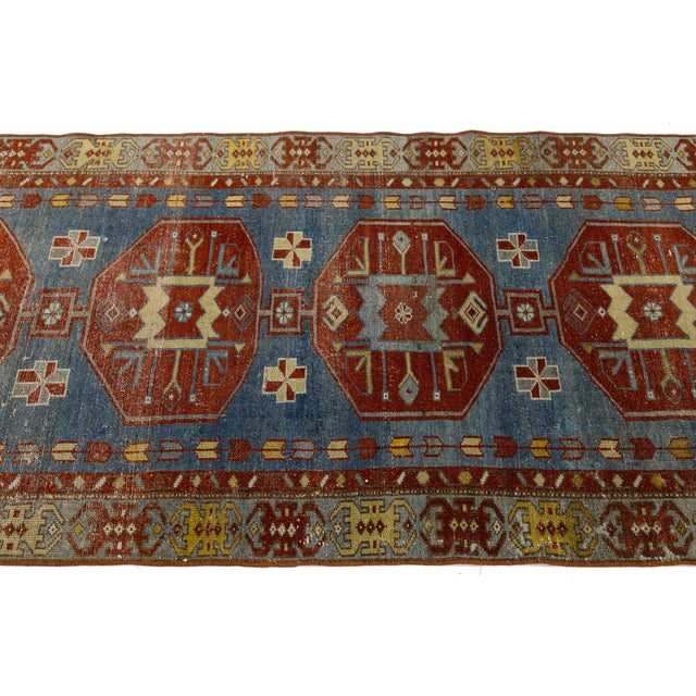 Textile Antique Malayer Runner Rug With Geometric Medallions in Muted Blue & Rust For Sale - Image 7 of 9