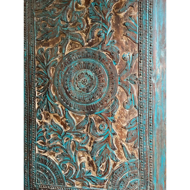 Midcentury Vintage Carved Lotus Mandala Door – Brass Stud Accents Huge Library Door 100 For Sale - Image 4 of 7