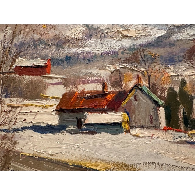Stunning winter country landscape with barn down a long snowy road, singed lower right by Wayne Morrell 1923-2013 Oil on...