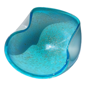 Mid 20th Century Murano Attributed Biomorphic Art Glass Bowl/Catchall – Aqua & Gold Aventurine, Lattimo Cased