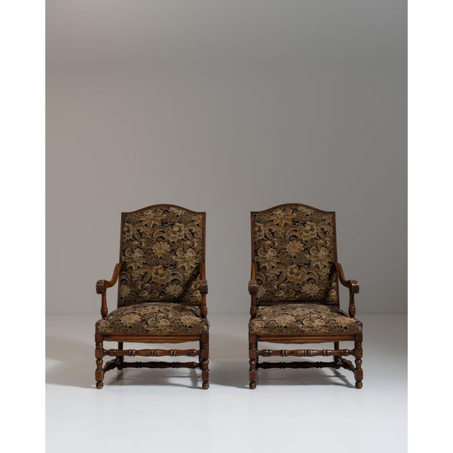 19th Century Pair of 19th Century French Dark Brown Louis XIII Upholstered Throne Armchairs For Sale - Image 5 of 14