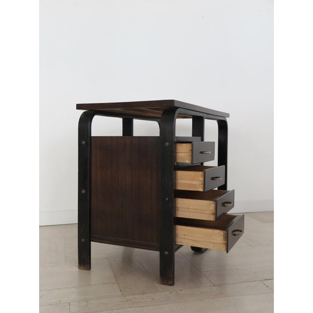 Small writing desk with side drawers in dark stained wood and metal, designed by Giuseppe Pagano Pogatschnig for Gino...