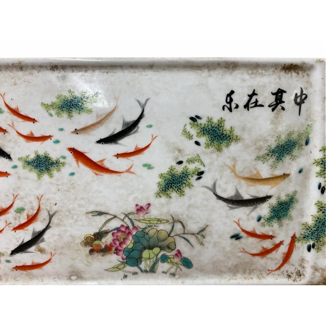 2010s Distressed Off White Porcelain Koi Fishes Rectangular Display Plate For Sale - Image 5 of 6