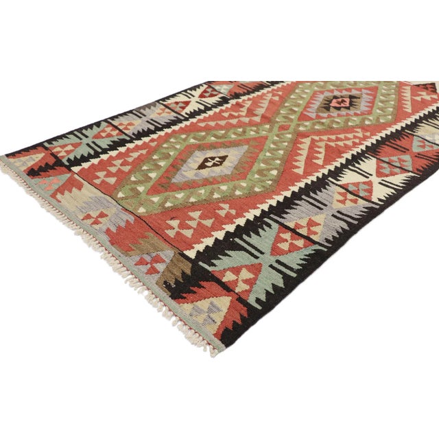 Vintage Persian Shiraz Kilim Rug with Boho Chic Tribal Style 03'00 x 05'00. Full of tiny details and a bold expressive...