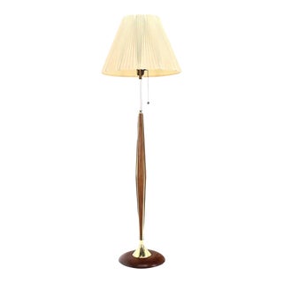 1970's Round Solid Oiled Walnut Brass Trims Base Mid Century Modern Floor Lamp For Sale