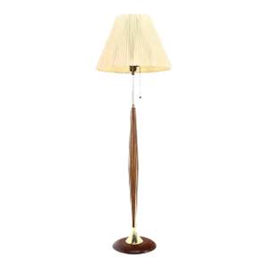 1970's Round Solid Oiled Walnut Brass Trims Base Mid Century Modern Floor Lamp