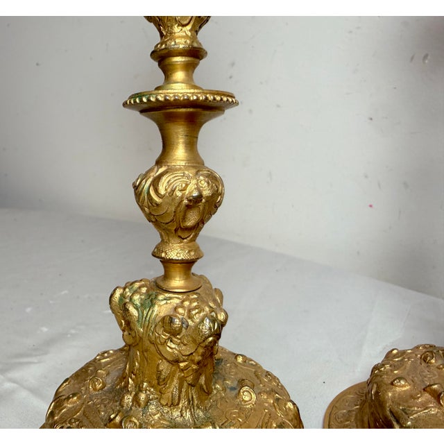 Pair Antique Ornate 1800's Gilt Bronze French Figural Candlestick Candle Holders For Sale - Image 12 of 13