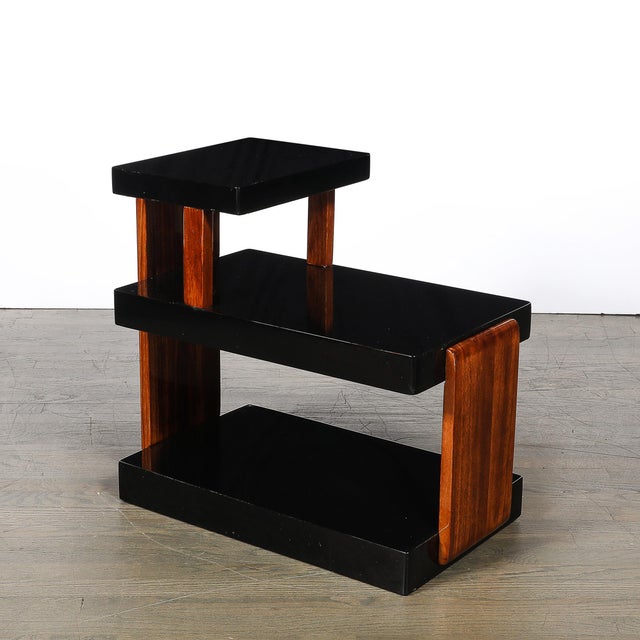Black Art Deco Machine Age Three-Tier Black Lacquer & Walnut Side Table For Sale - Image 8 of 14