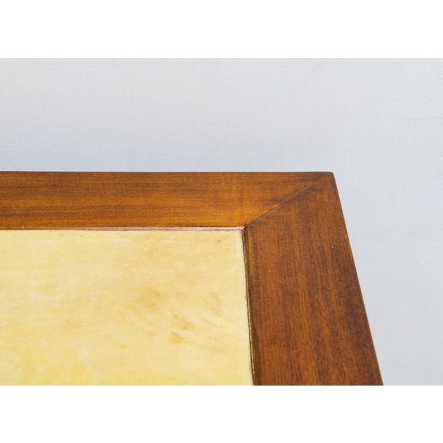 Wood Sculptural Italian Mid-Century Mahogany and Parchment Desk With Three Drawers For Sale - Image 7 of 10