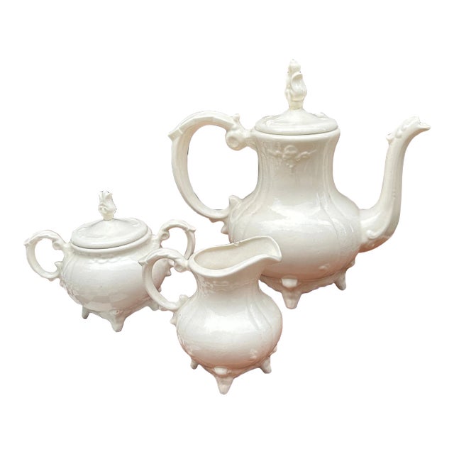1970s White Ceramic Tea Set- 3 Pieces For Sale