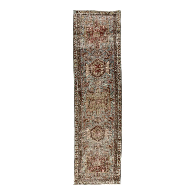 Antique Heriz Serapi Runner Rug, Muted Blue and Sage Wool Corridor Rug For Sale