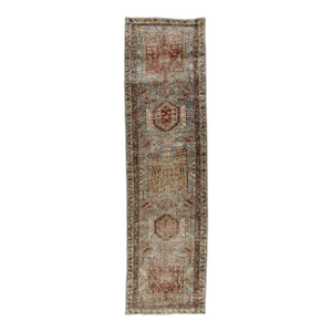 Antique Heriz Serapi Runner Rug, Muted Blue and Sage Wool Corridor Rug