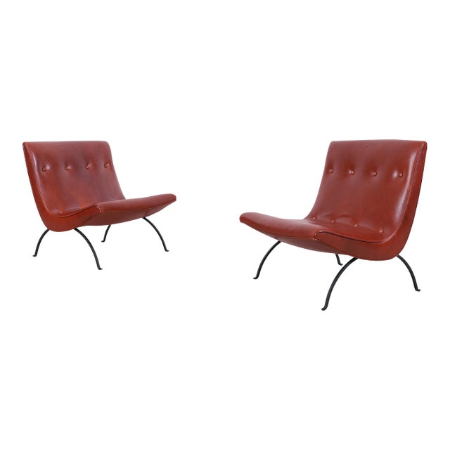 Mid-Century Leather and Iron "Scoop" Lounge Chairs by Milo Baughman, 1950s For Sale