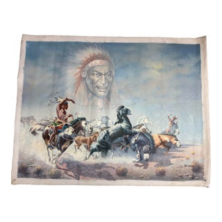 1970s Original Bill Larsen Native American Indian Chief Horse Hunt Oil Painting Canvas For Sale