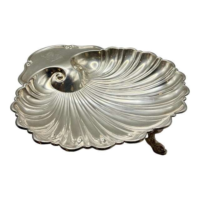 Vintage Silver-Plated Footed Shell Shaped Serving Tray With Fish Feet For Sale