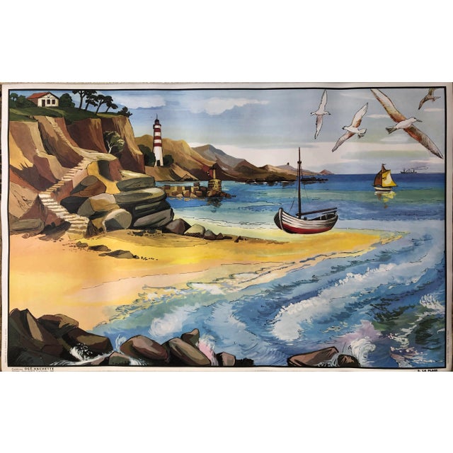 1960s Double Sided School Poster by Oge-Hachette, the Beach and the Living Room For Sale