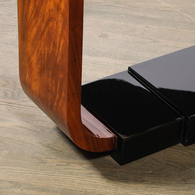 Art Deco Machine Age Book-Matched Walnut W/ Black Lacquer Accents Console Table For Sale - Image 9 of 16