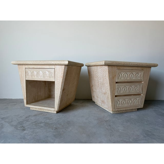 Striking pair of vintage organic hand-carved wood nightstands featuring bold sculptural forms and beautifully detailed...