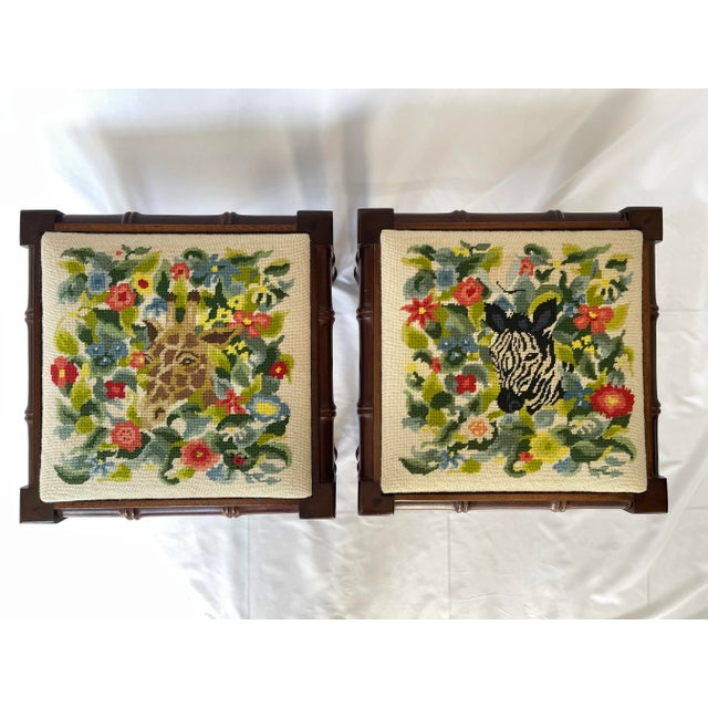 Pair of walnut faux bamboo ottoman / stools upholstered with hand stitched needlepoint Zebra surrounded by flowers on one...