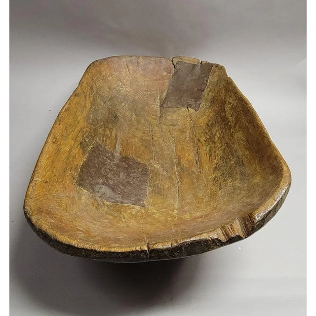 Wood Large 19th Century American Hand-Hewn Oak Dough Bowl With Copper Repairs - 35" For Sale - Image 7 of 12