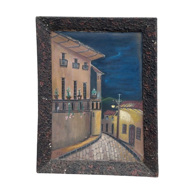 Textile Vintage Folk Art European Night Street Scene Oil Paintings, Set of 2 For Sale - Image 7 of 18
