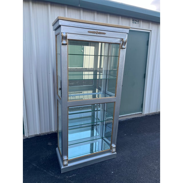 Silver Silver Painted Mirrored 6-Shelf Illuminated Display or Curio Cabinet For Sale - Image 8 of 12