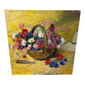 Still Life Oil Painting, Basket of Flowers With Shears and Hat, by Nancy Gosnell the Portraitist of Beatles Legend John Lennon
