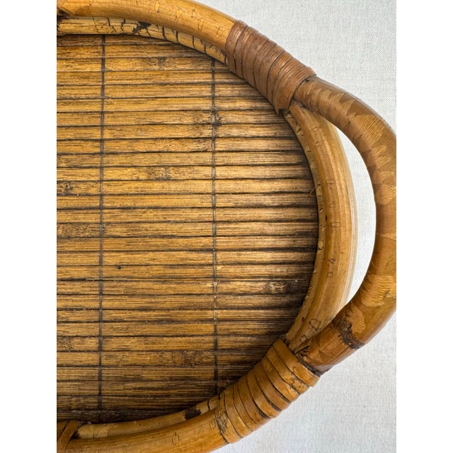 Camel Vintage Bamboo & Pencil Reed Rattan Double Handle Serving Tray in the Style of Gabriella Crespi For Sale - Image 8 of 12