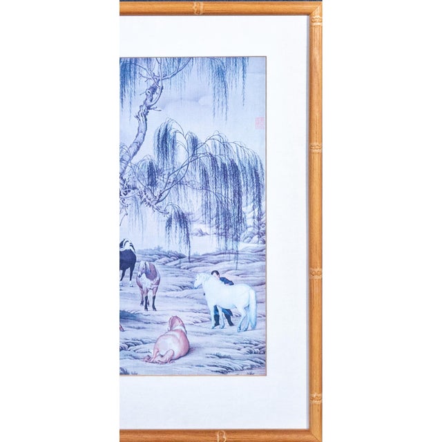 Late 20th Century Framed Giuseppe Castiglione Eight Horses Chinoiserie Print in Faux Bamboo Frame For Sale - Image 4 of 16