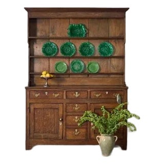18th Century Oak Buffet + Plate Rack With Brass Hardware and Inlay Keyholes For Sale