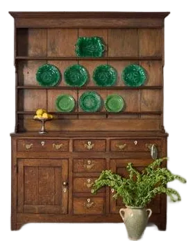 18th Century Oak Buffet + Plate Rack With Brass Hardware and Inlay Keyholes