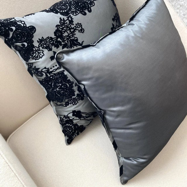 Contemporary Contemporary Noire Flocked Throw Pillows as a Pair For Sale - Image 3 of 6