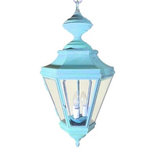 Vintage Solid Brass Hanging Lantern Hexagonal 3-Light Pendant With Verdigris For Sale
