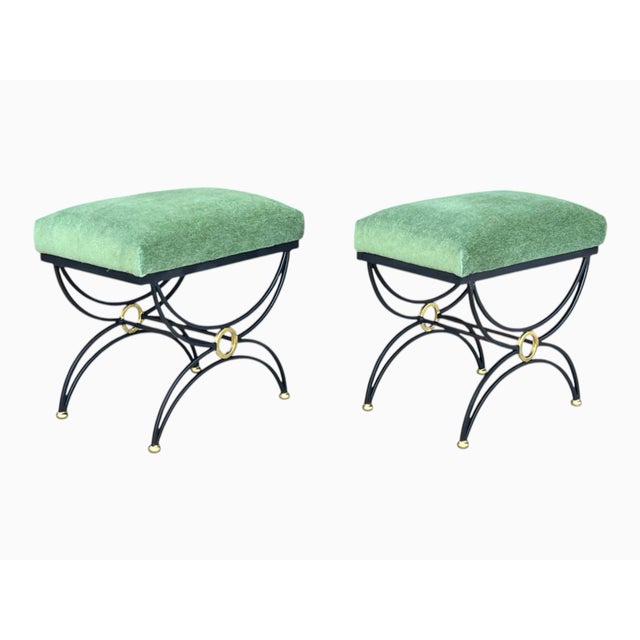 Gracefully forged iron, tailored mohair upholstery, and elegant X-frame silhouettes make this striking pair of 1980s...