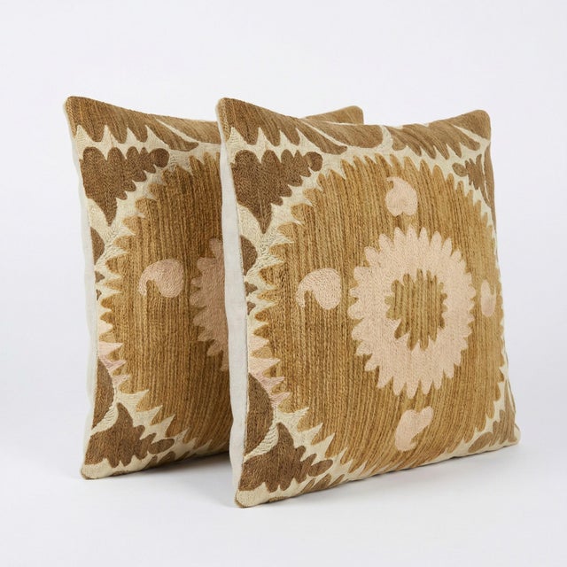 This beautiful 24'' x 25'' & 23'' x 24'' hand-embroidered Suzani pillow cover set was made from authentic Uzbek cotton...