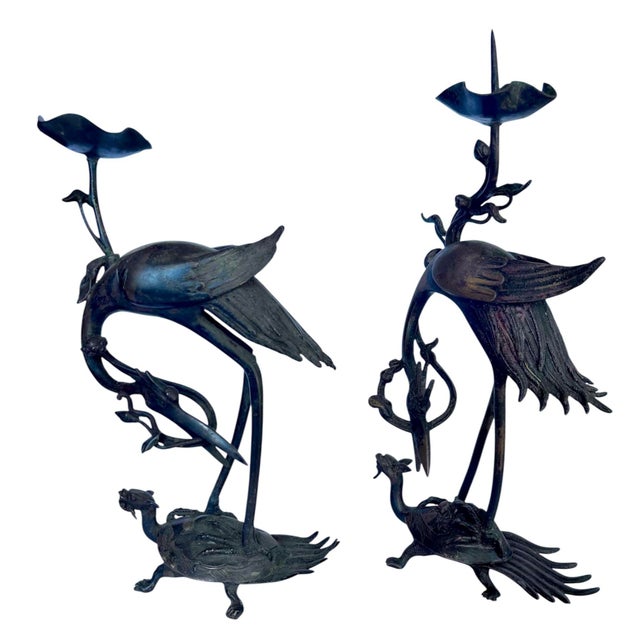 Bronze Meiji Early 20th Century Japanese Shokudai Bronze Candlestick Antique Metal Crane Bird Tortoise Animal Lotus For Sale - Image 8 of 8