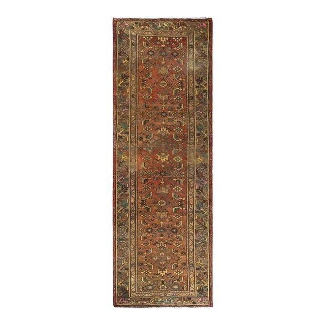 1960s Earth Tone Colors, Vintage Persian Hamadan With All Over Fish Mahi Design Distressed Wool Hand Knotted, Wide Runner Rug For Sale