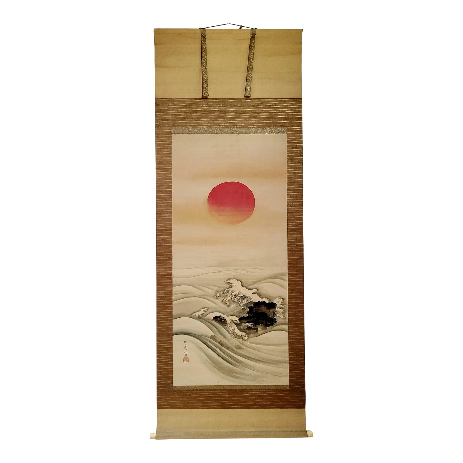 Antique Japanese Hanging Scroll by Yamamoto Koichi “Waves and