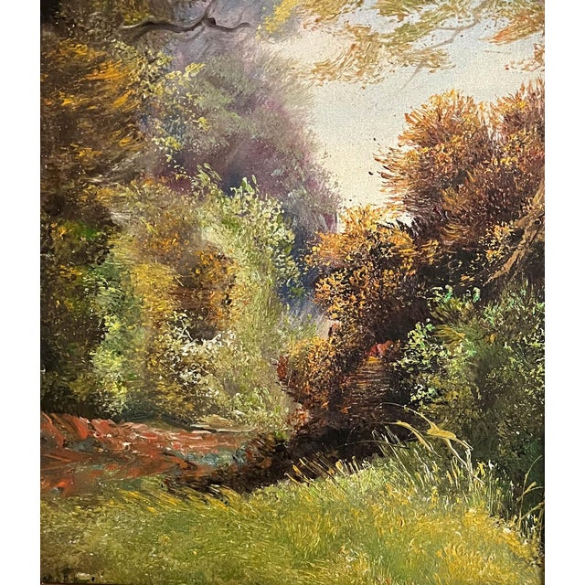 Acquired in France, a gorgeous small landscape oil painting in a thick gesso frame. The painting has pleasing colors and...