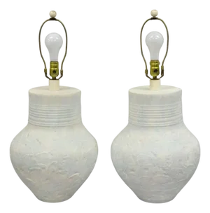 Vintage Postmodern Beach House Ceramic Plaster White Bulbous Table Lamps, a Pair