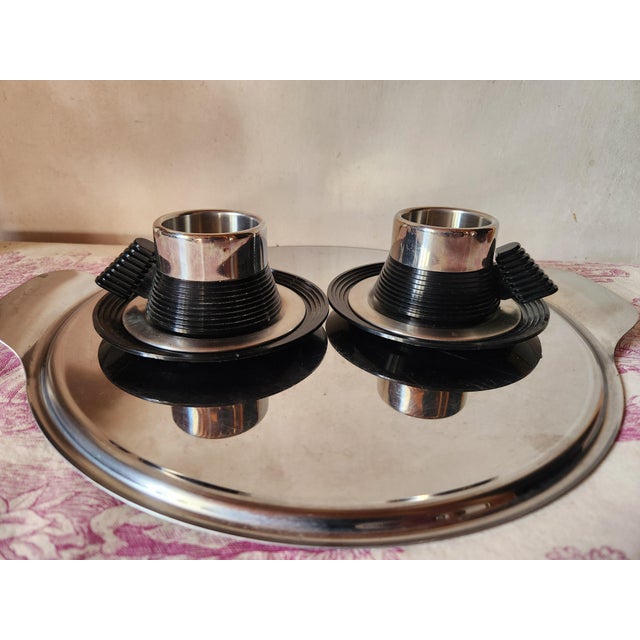 Vintage 1970s Carlo Giannini Italian contemporary futuristic two espresso cups. Made of inbox stainless steel and heavy...
