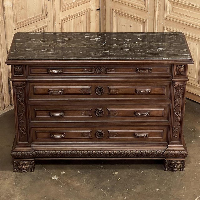 Wood Antique Italian Renaissance Revival Walnut Nero Portoro Marble Top Commode For Sale - Image 7 of 18