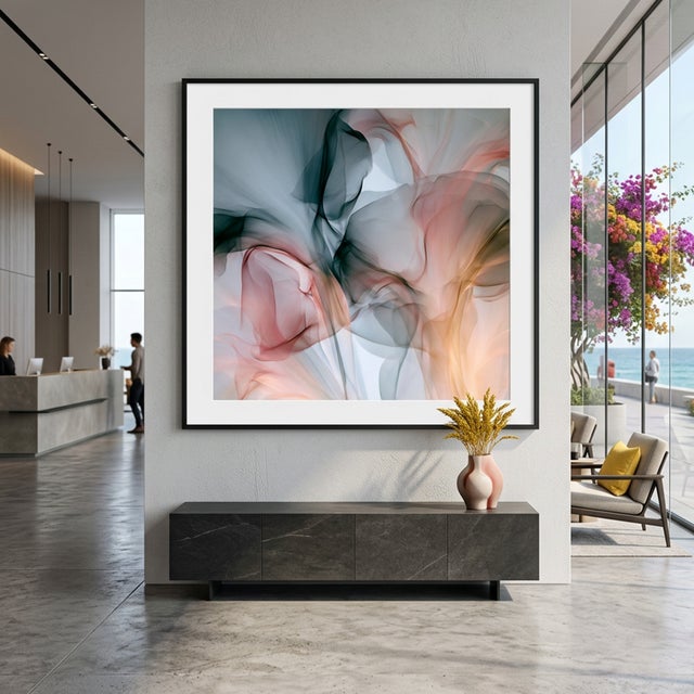 Soft, translucent forms drift and overlap like flowing fabric, blending smoky charcoal, blush, coral, amber, and cool blue...