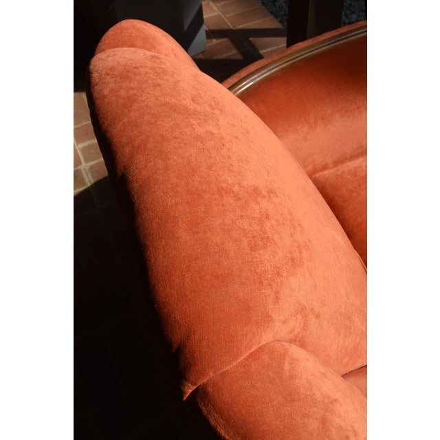 1950s Art Deco Large Orange Club / Accent Arm Chair With Wood Trim & Rounded Ribbed Sides For Sale - Image 9 of 15