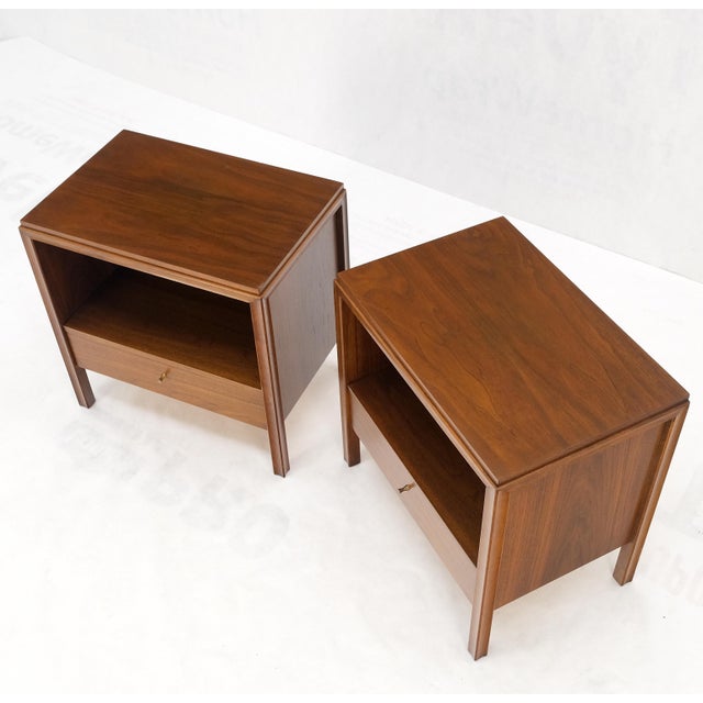 Wood Pair Finished Back Danish Mid Century Modern One Drawer Walnut Night Stands MINT For Sale - Image 7 of 18