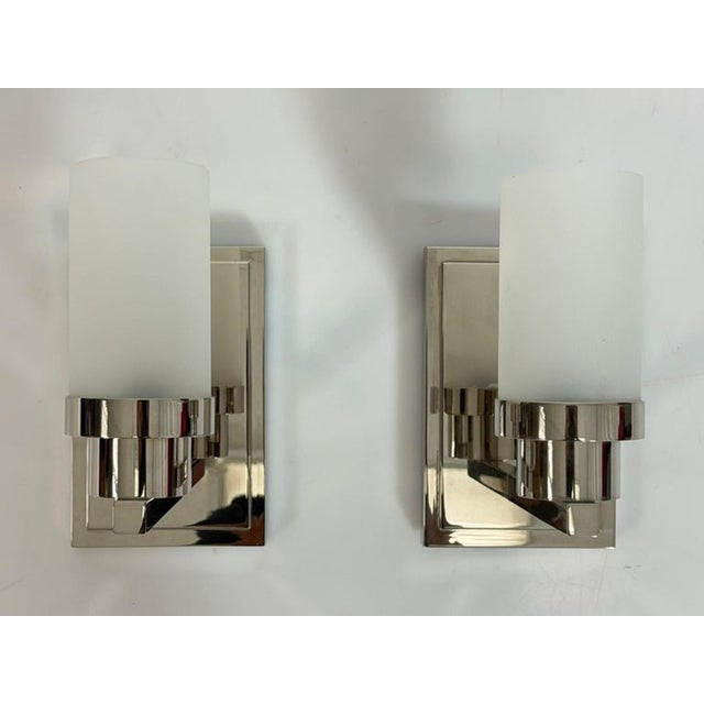Silver Pair of Marian Jamieson "Six of One" Nickel Wall Sconces With Frosted Glass For Sale - Image 8 of 17