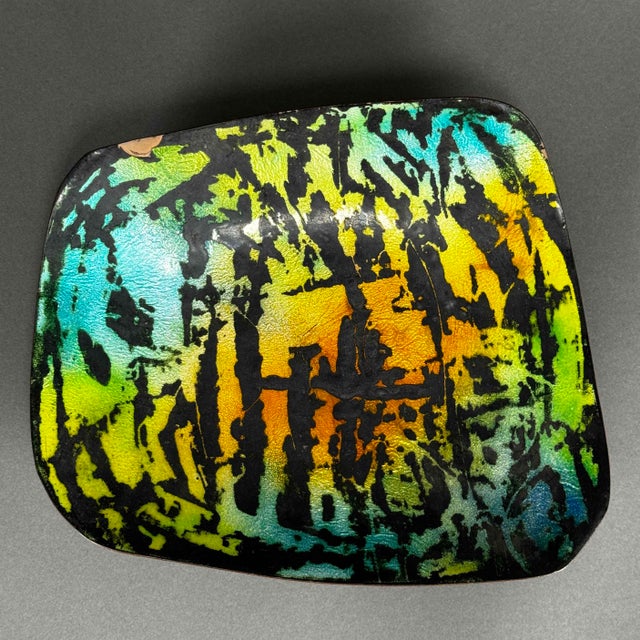 1970s Vintage 60s 70s Mid-Century Modern Electric Tiger Stripe Enamel on Copper Bowl Candy Dish For Sale - Image 5 of 12